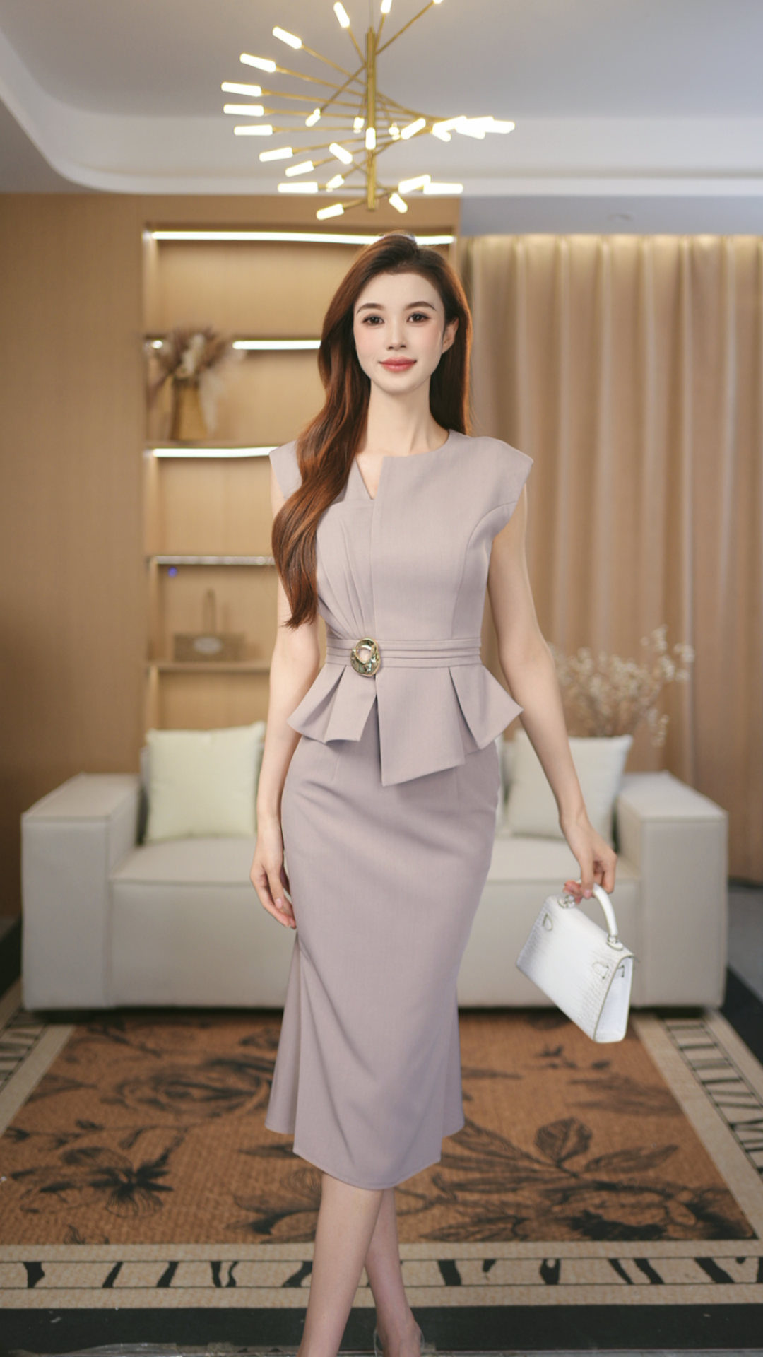 罗曼定制 高定原创藕粉气质名媛收腰上衣女+半身裙夏套装两件套