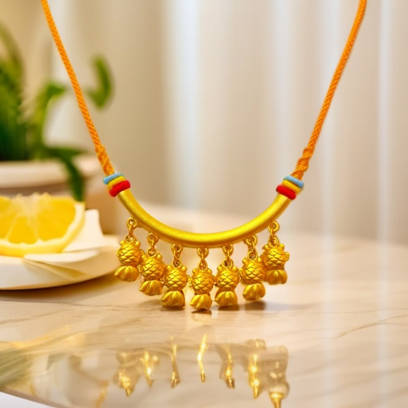 硬足金【波妞锦鲤弯管吊坠】素款时尚编绳女款精美国潮弯管流苏