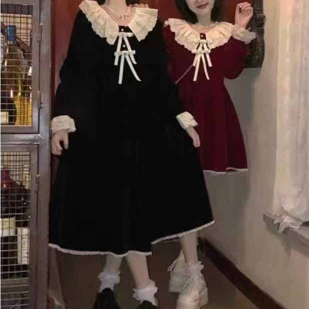 甜美拼接蕾丝花边秋冬长款气质连衣裙裙子