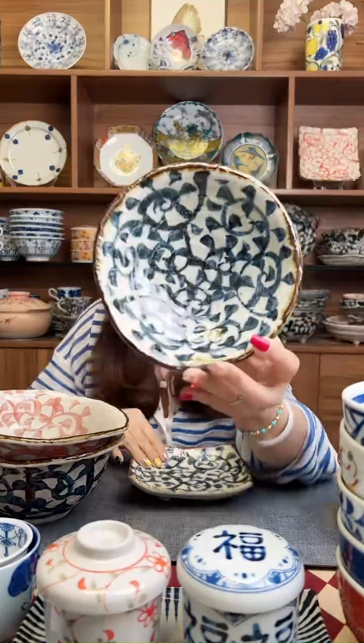 瓷片章鱼唐草唐草15cm三足中钵