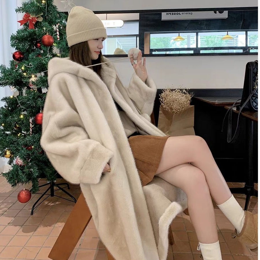 冬季连帽加厚女巫长款防水貂绒大衣皮毛一体仿皮草环保外套女