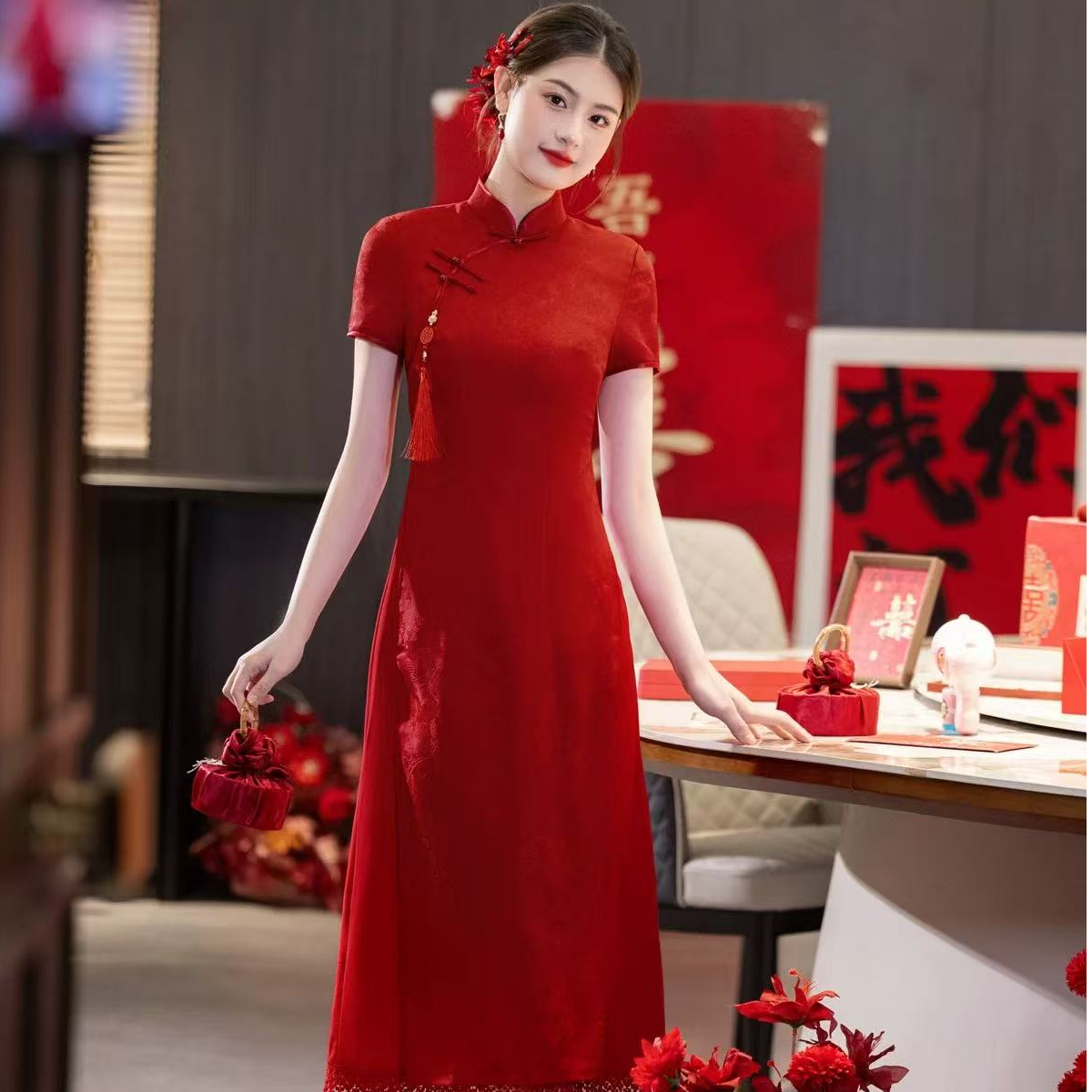 CX春红色蕾丝复古风新中式婚礼旗袍夏新款敬酒服气质奥黛长120