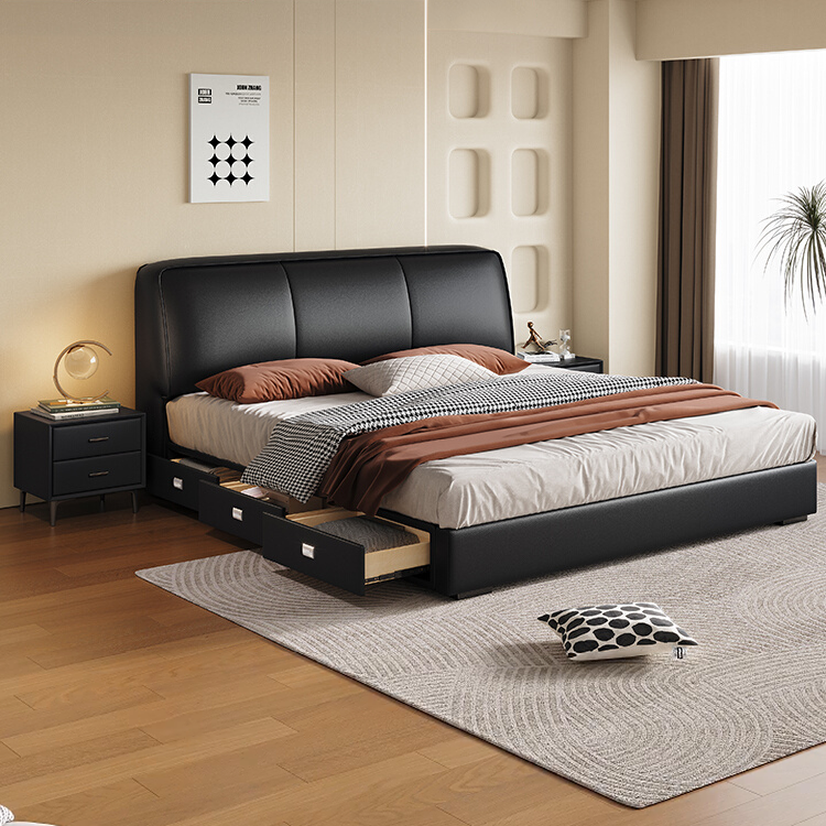 现代简约ins风软包床侘寂奶油皮艺床主卧室轻奢双人床家用皮床