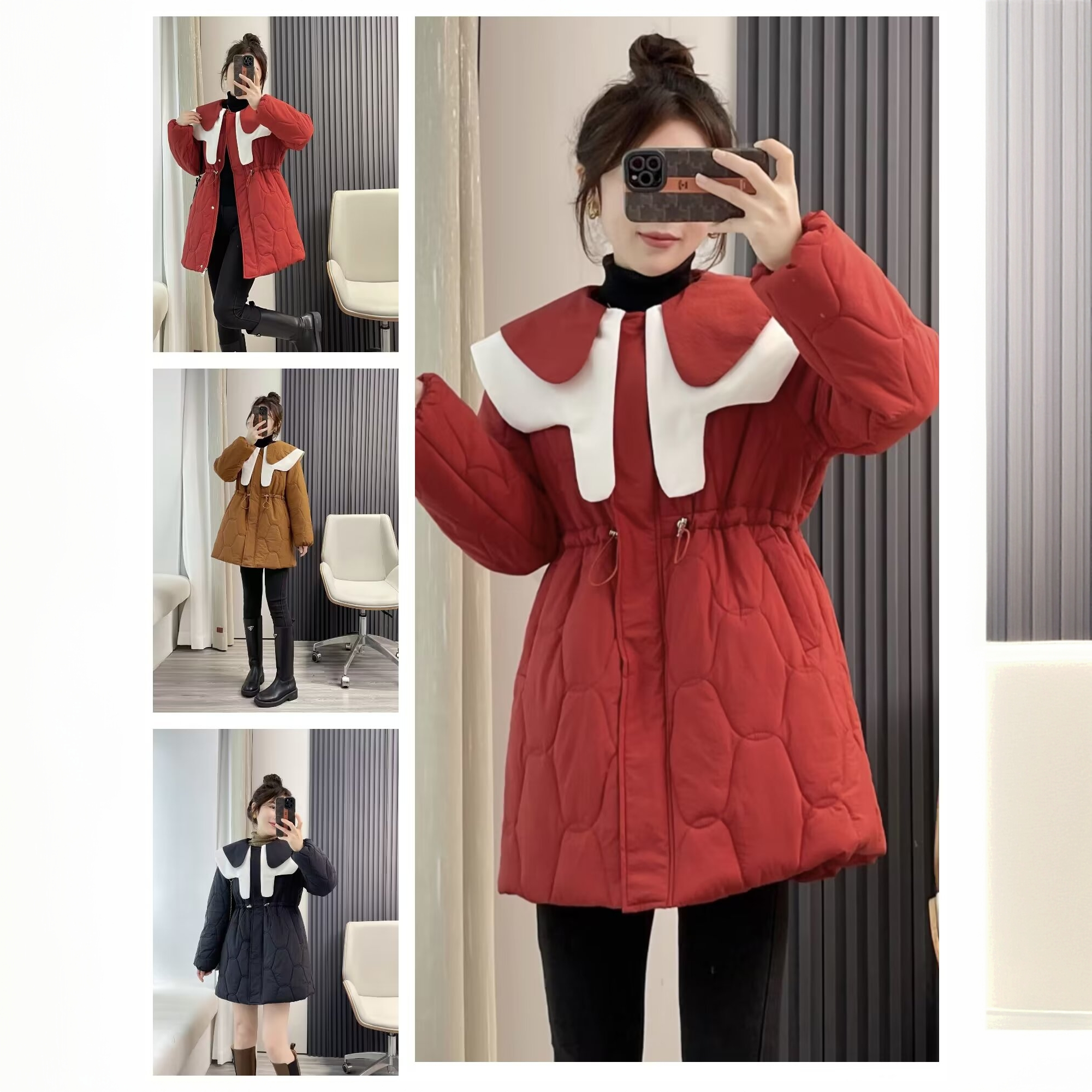 XG647长袖娃娃领中长款棉衣大码女装抽绳收腰韩版时尚棉服外套冬