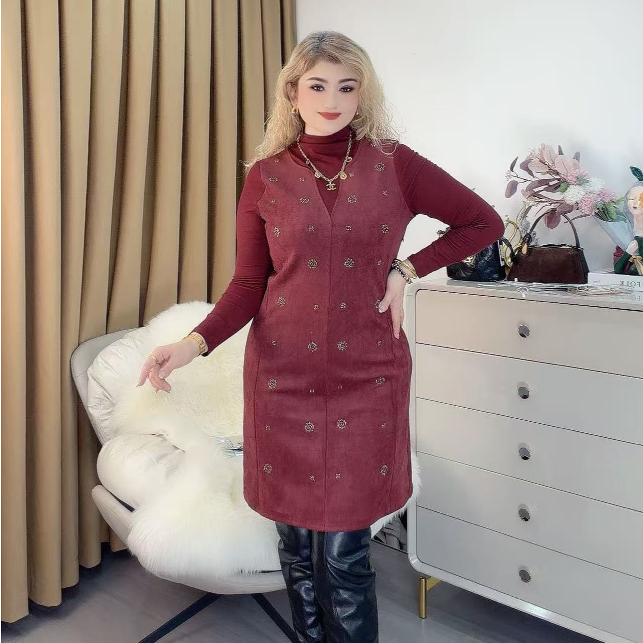 秋冬时尚圆领假两件2539款韩版连衣裙