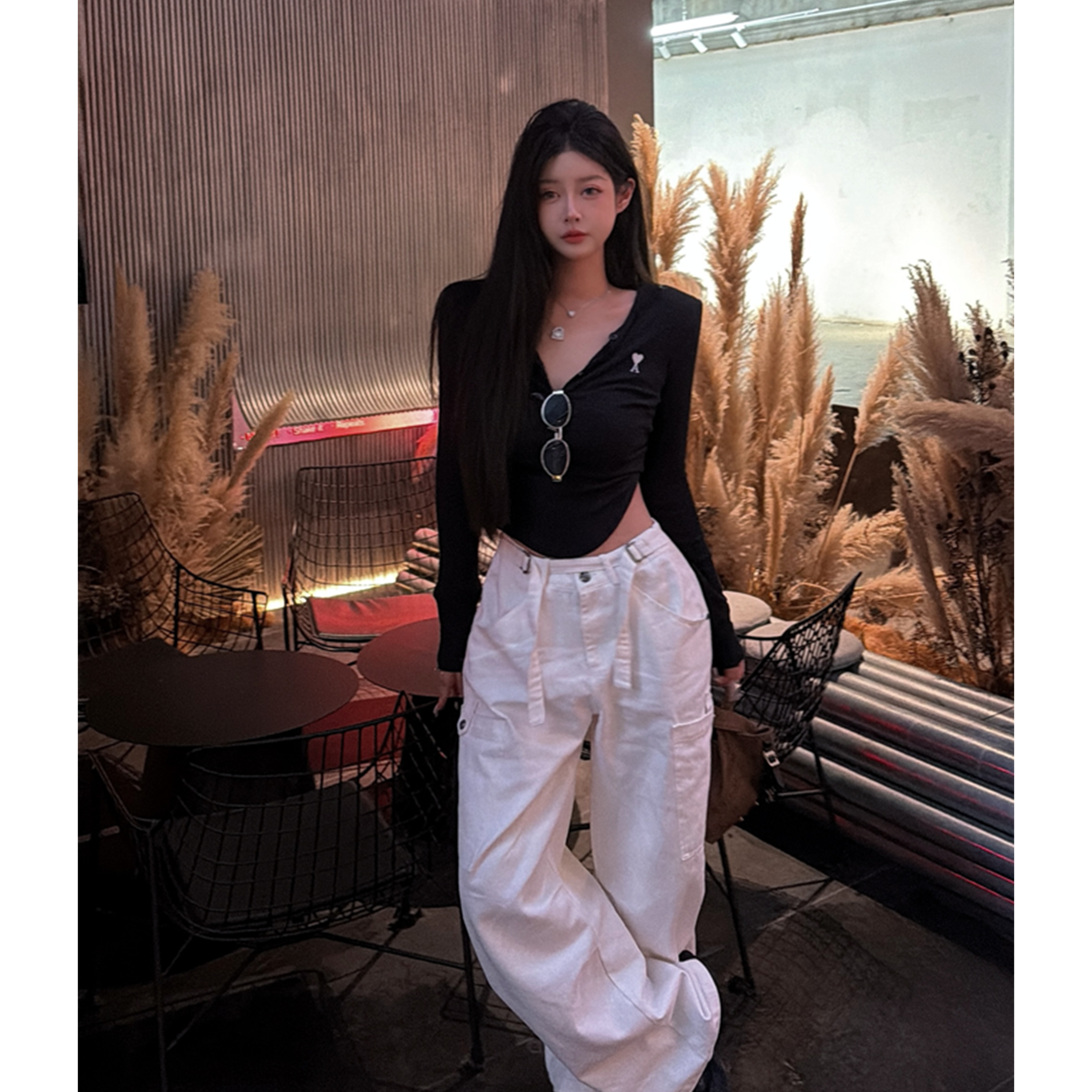  21DEGREES 黑色灯芯绒短外套黑色字母百搭打底衫复古白色工装裤