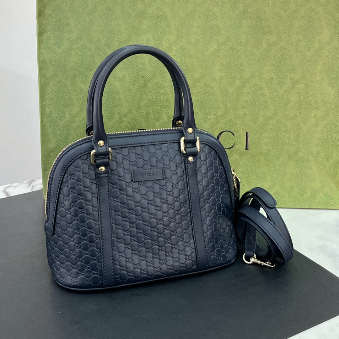 90新 GUCCI/古驰 深蓝色全皮满印花贝壳斜挎包 黑标022 底长23cm