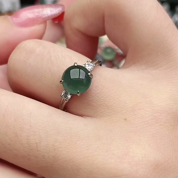 鑫辰珠宝天然A货翡翠银镶嵌设计款开口女戒指时尚百搭
