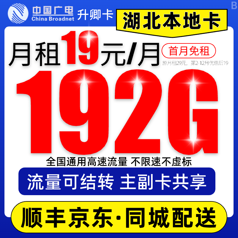 【湖北广电流量卡】19元192G广电卡全国本地手机卡电话卡