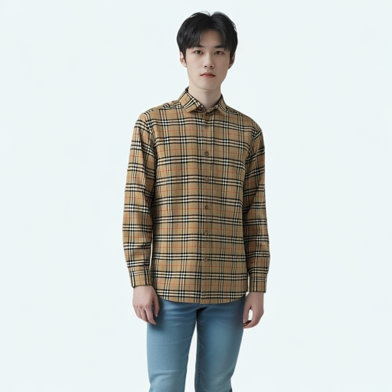 99新 BURBERRY/博柏利 12533367 格纹翻领衬衫 卡其色 M码