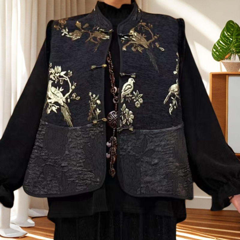 231加绒厚款刺绣喜鹊马甲常规朋克风拼接马甲女装民族风秀花