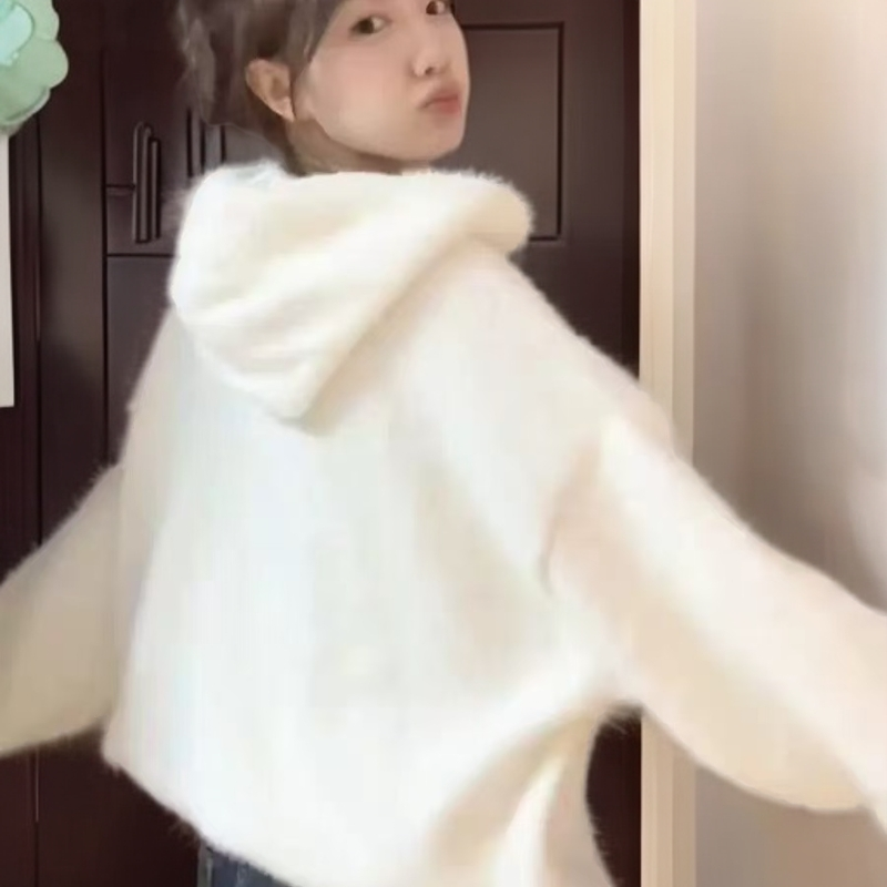 韩系软糯水貂绒白色连帽套头毛衣女秋冬慵懒亲肤氛围感宽松上衣潮