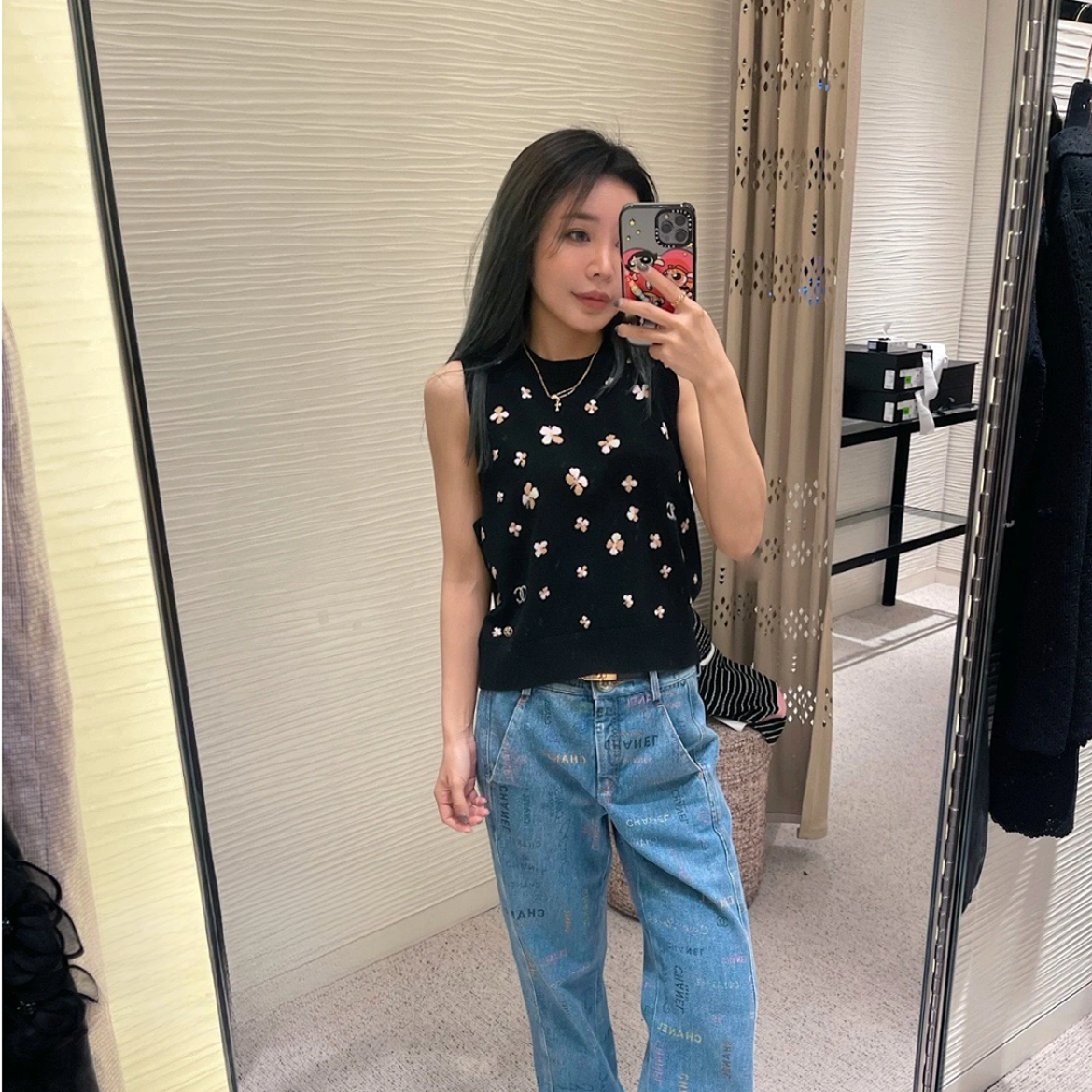 99新 Chanel/香奈儿 黑色印花打底背心/f36/编号0403