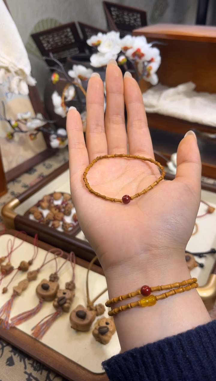 手串桃核【桃缘行】竹节「红色莎莎」桃木桃核辟、挡、驱、护 备注手围