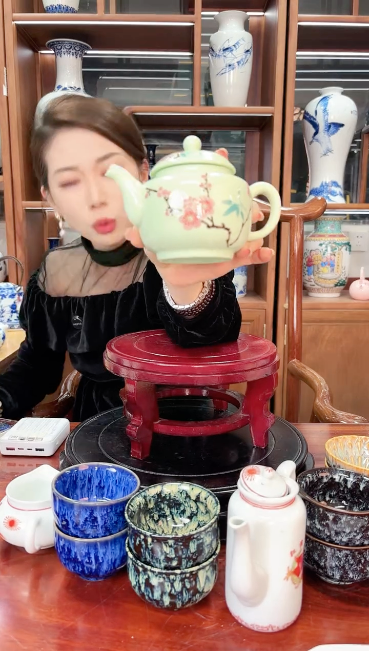 A17景德镇绿稀稀翠竹红梅贵妃壶一只