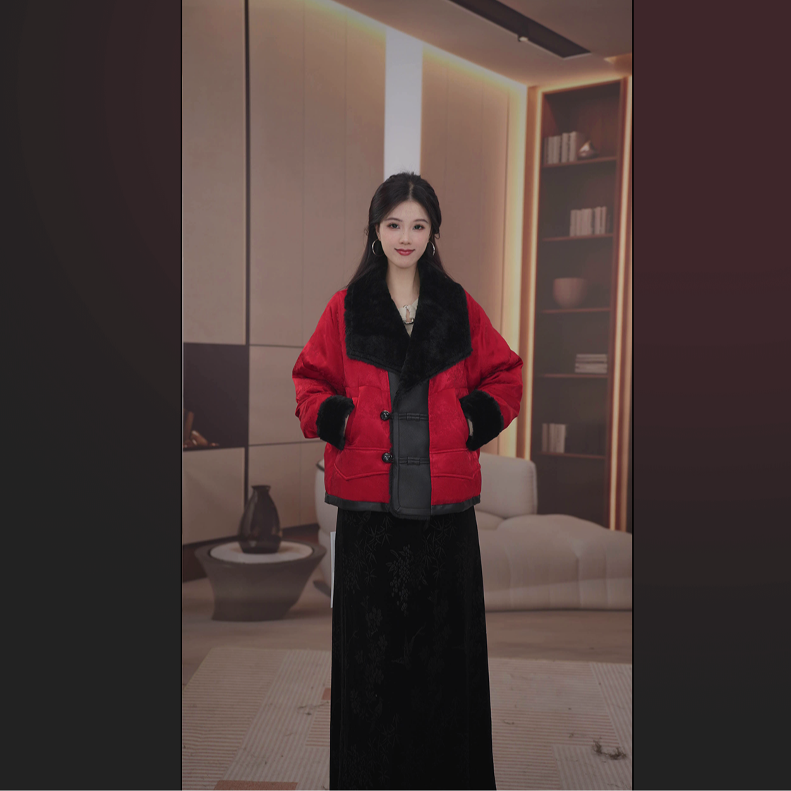 2025新款大翻领人丝提花拼毛时尚羽绒服冬季短款66175