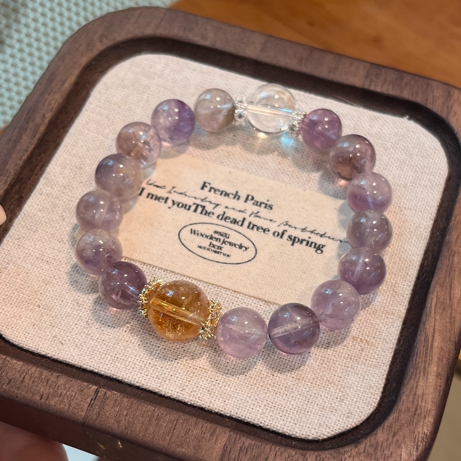 【紫美人】10mm紫兔毛水晶+12mm(黄塔晶+白水晶) 天然水晶手串 A245