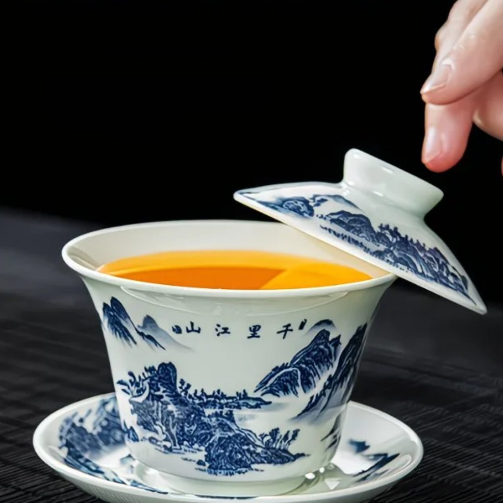 博艺茶具 羊脂玉瓷千里江山悬停盖碗-5416