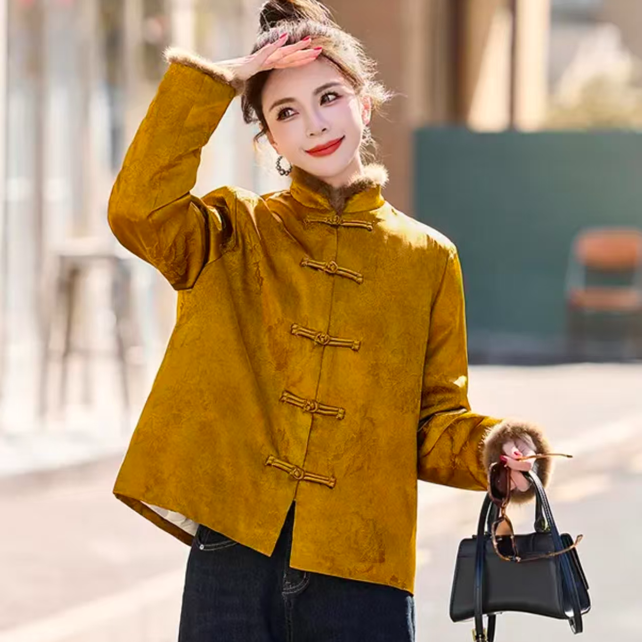 提花拼接水貂毛新中式加棉加厚国风外套棉服上衣248