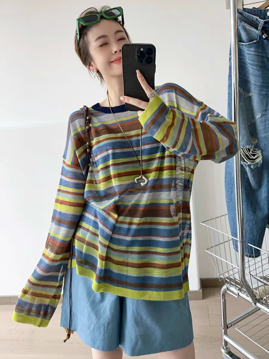 韩版女圆领薄款条纹显瘦防晒上衣毛针织衫夏季彩虹
