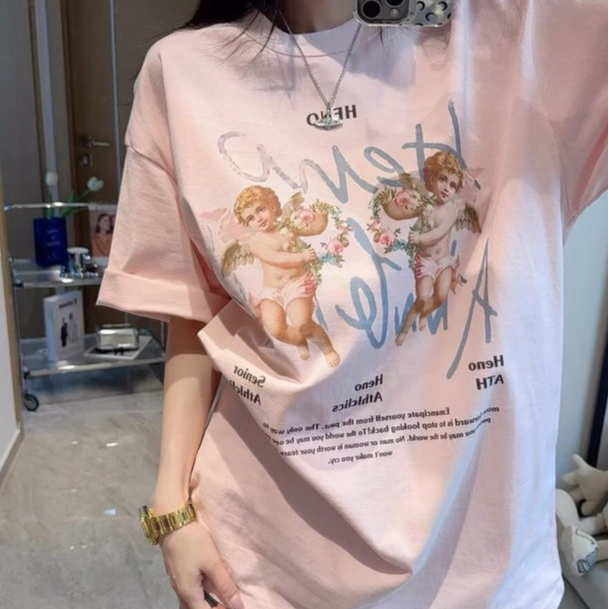 墨写手绘印花纯棉短袖2025春夏新款韩系简约t恤女装圆领6378