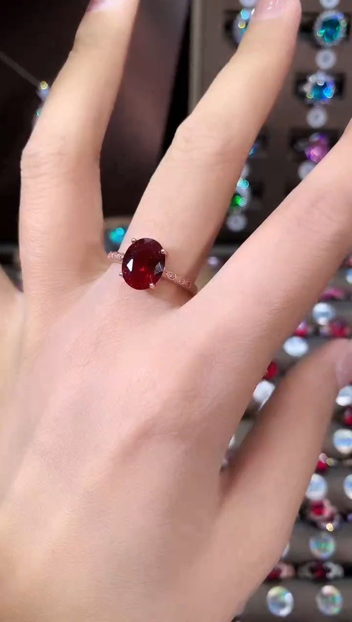 银S925镶嵌戒指红宝石810酒红玫瑰金