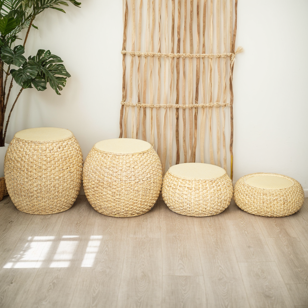 藤编实木矮凳换鞋凳复古藤椅圆形小凳子搁脚家用民宿沙发茶几坐墩