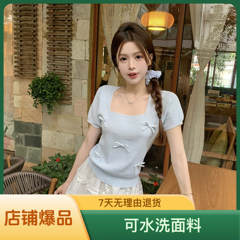 方领蝴针织蝶结针织短袖恤女夏季设计感小众短款打底衫甜辣上衣