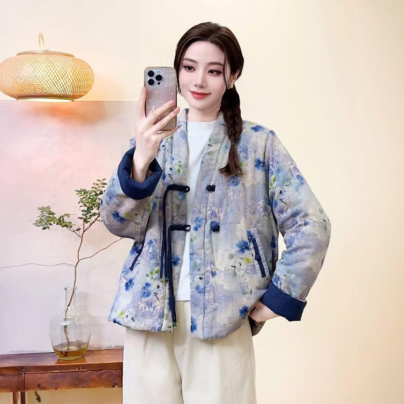 新中式（棉麻V领加厚棉服 ）冬季宽松国风100棉衣/手工流苏盘扣 