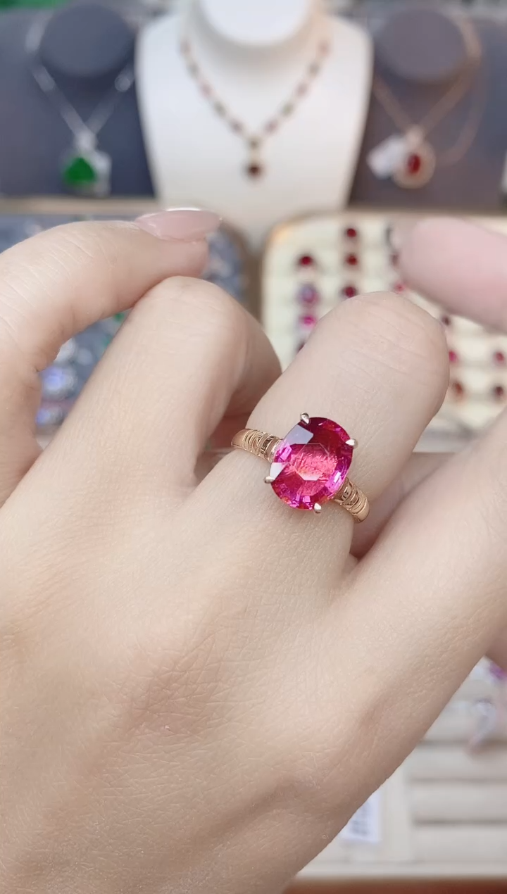 18K金镶嵌戒指红色碧玺-3.16ct热粉色