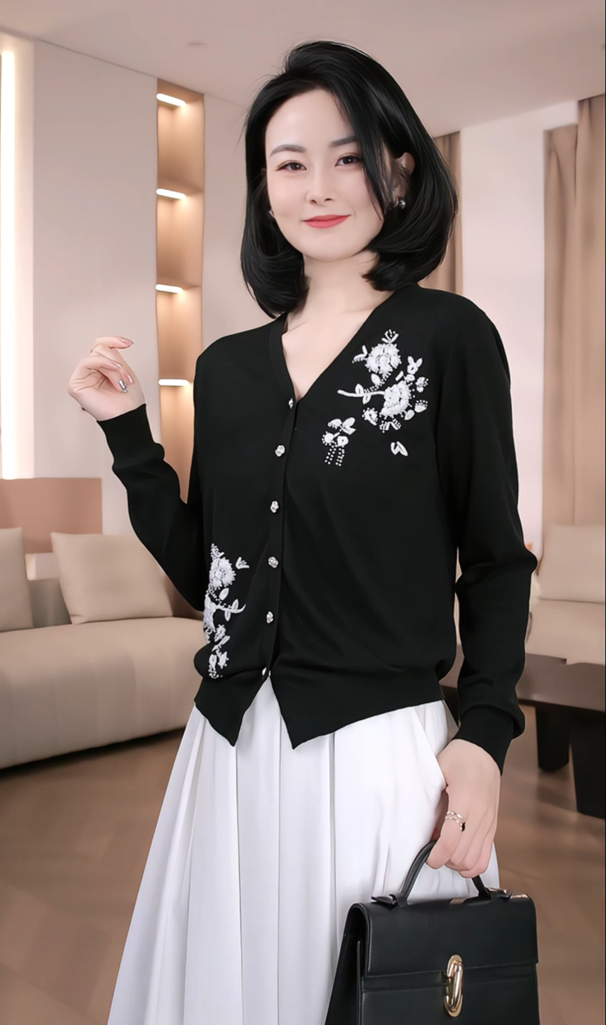 Nuovo Borgo V领花卉刺绣修身针织开衫2025春季薄款外套上衣82533