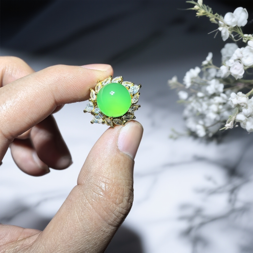 天然玉石珠宝玛瑙玉髓 绿蛋面戒指 YZJ075