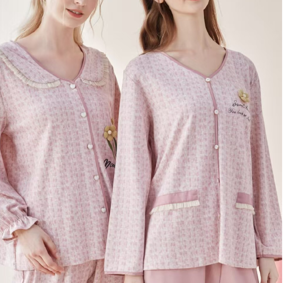 蚕丝棉女士翻领长袖长裤开胸套装粉色睡衣女款爆款2025新款春秋