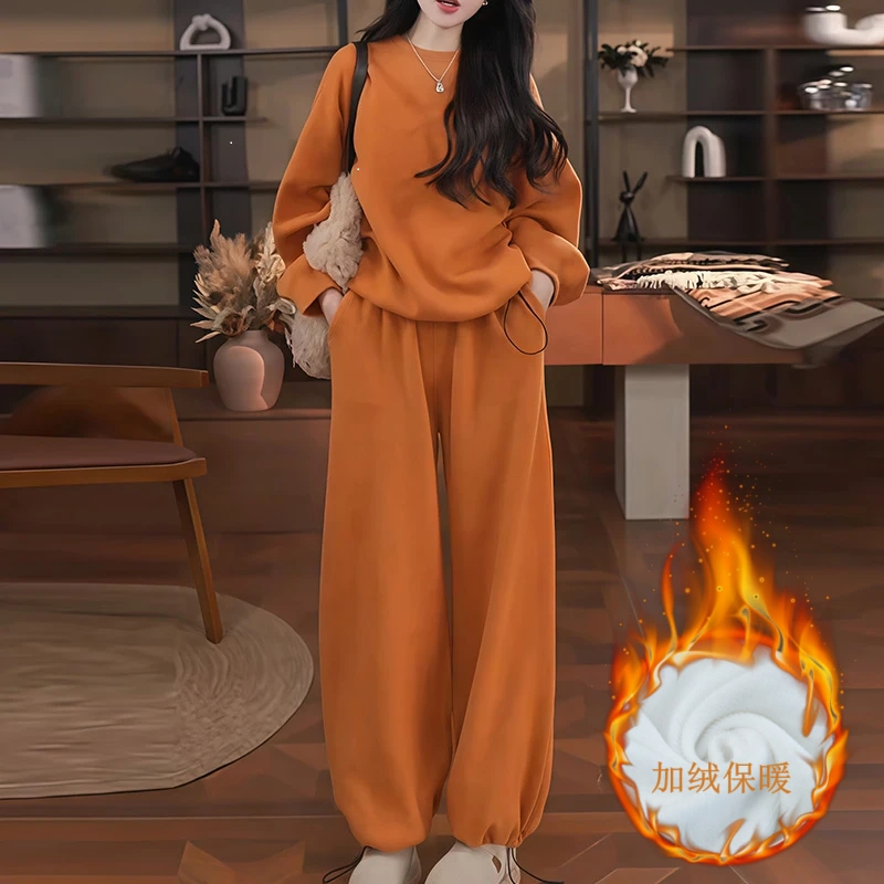 加绒加厚时尚休闲套装女2025秋冬新款经典简约韩系百搭上衣套装女