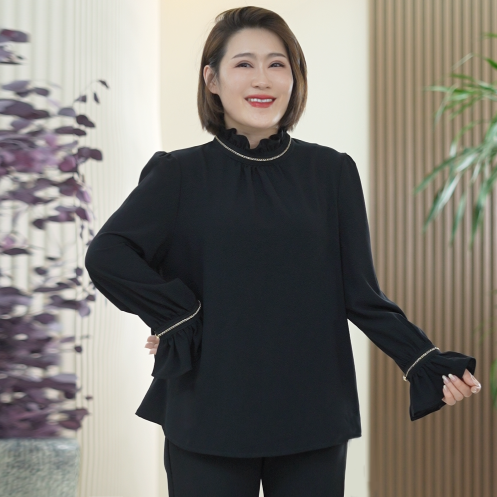 强捻花瑶纱木耳边立领衬衫抗皱重工链条巴洛克大码通勤秋季上衣女