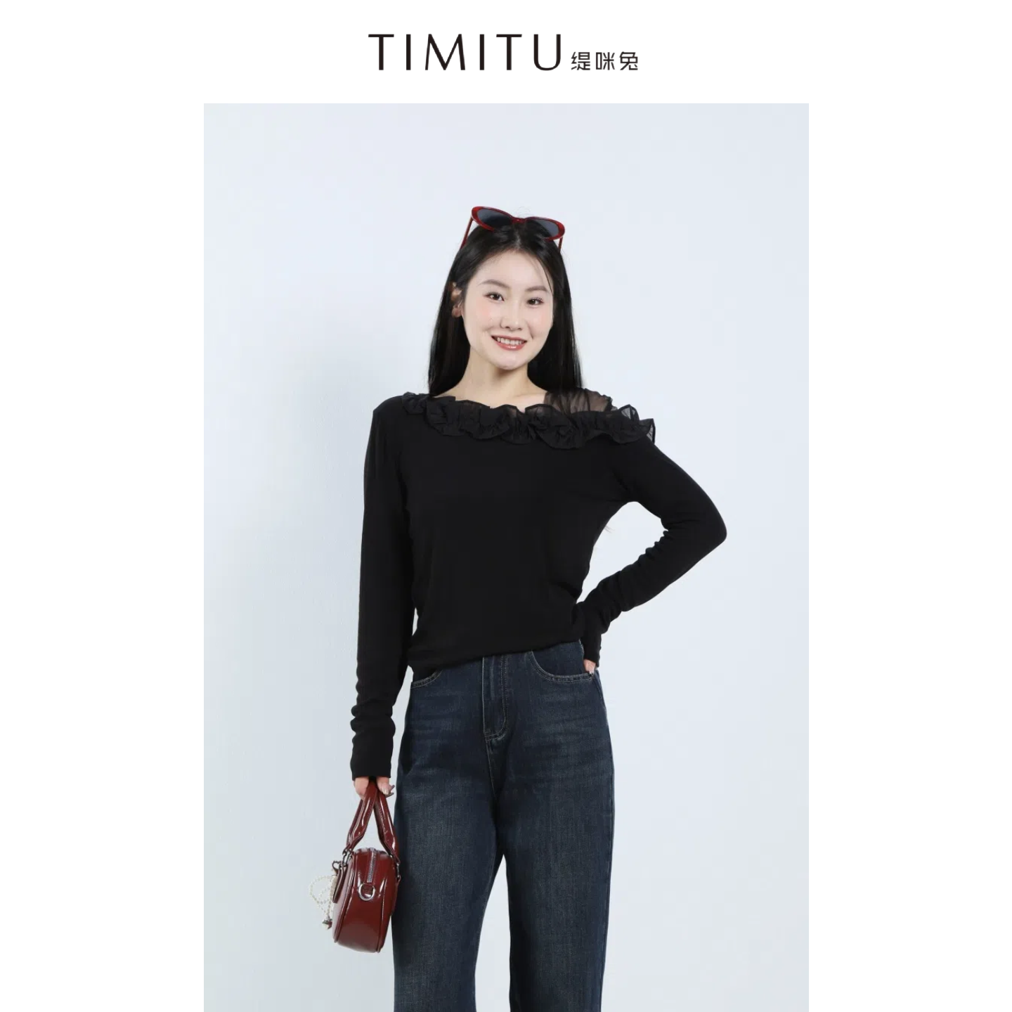 TIMITU缇咪兔法式立体花边斜肩设计气质修身小衫34322020
