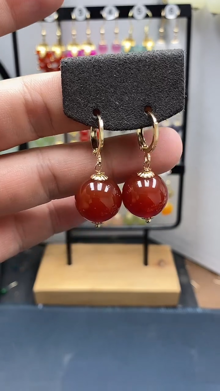 银S925镀金镶嵌南红玛瑙耳饰尺寸16mm耳扣66