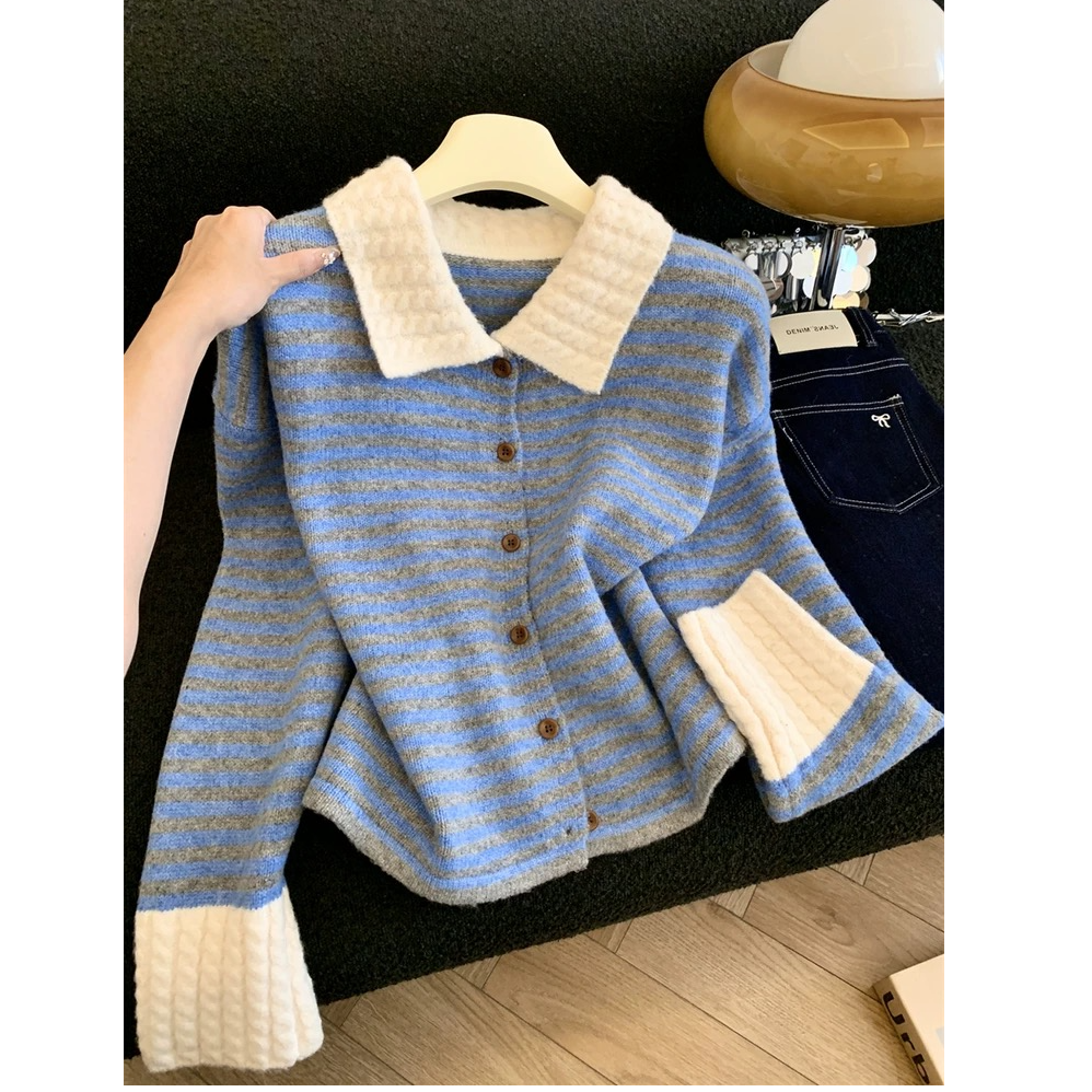 小香风条纹polo领长袖毛衣外套女早春慵懒松弛感穿搭针织开衫女