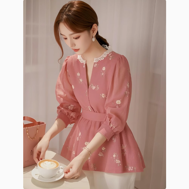 粉色碎花衬衫收腰设计感女春装法式宫廷甜美上衣2025新款绝美小衫