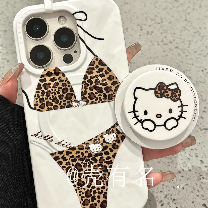 夏日棕豹纹Kitty比基尼磁吸支架适用苹果16pro手机壳iPhone15pro