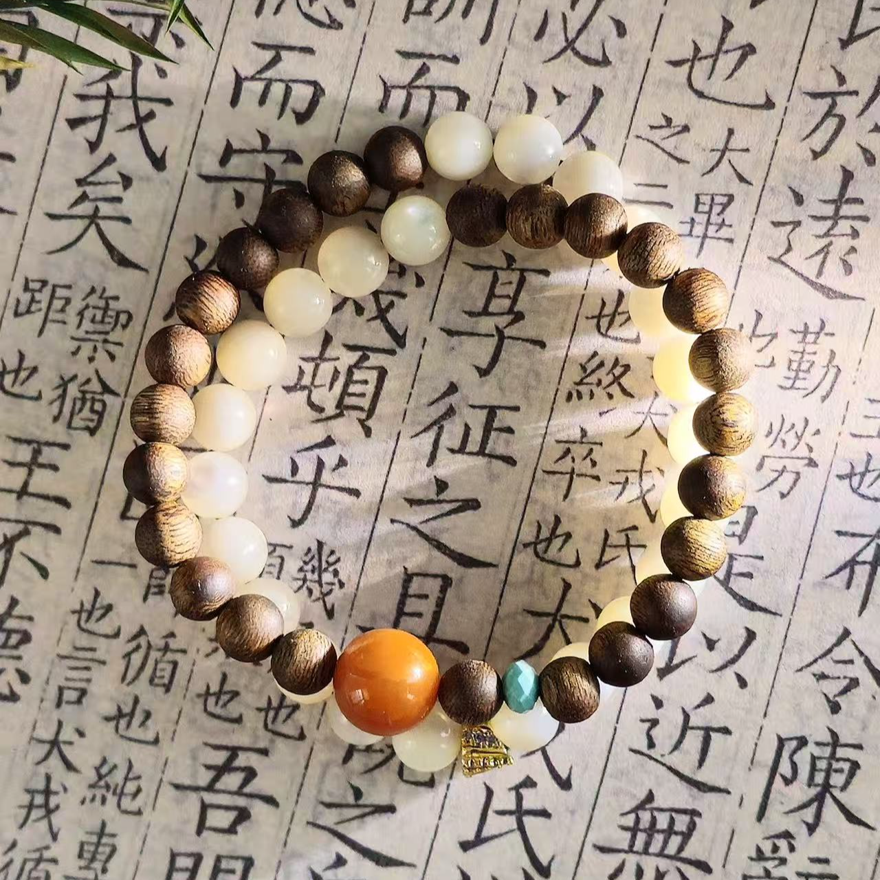 沉香沉香白贝壳珠双圈手链新中式简约