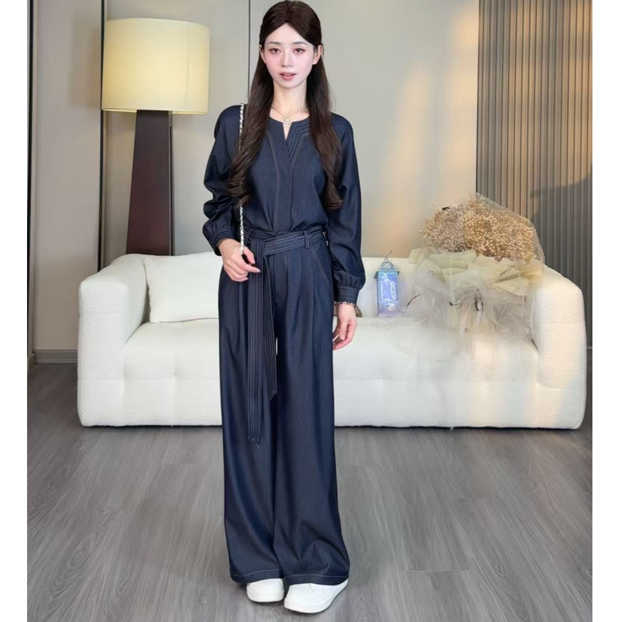 【简逸牛仔】小个子秋季时尚高腰长裤百搭显瘦套装两件套ZYM25710