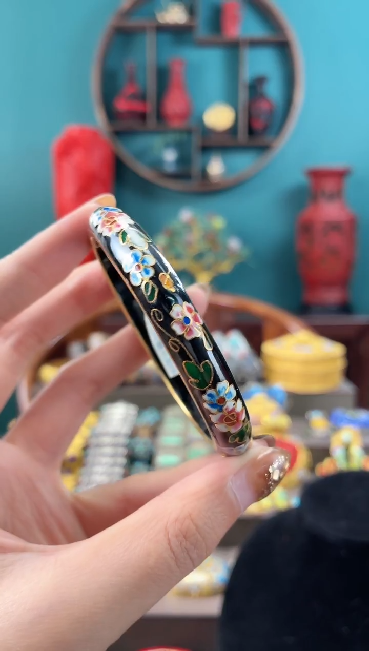 非遗手工景泰蓝开口碎花镯子黑色