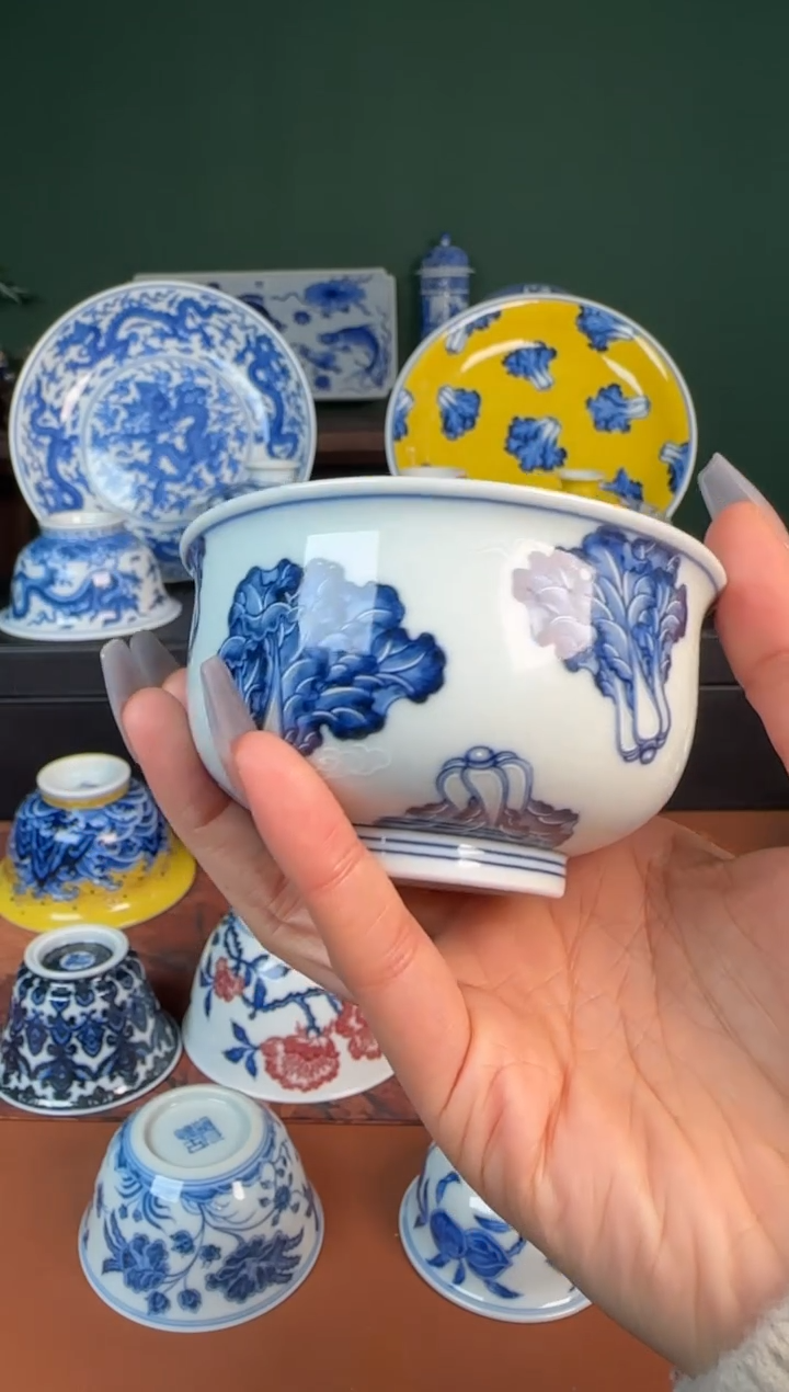 【闪购商品】杯水造 青花加釉上丝白 白菜卢氏杯