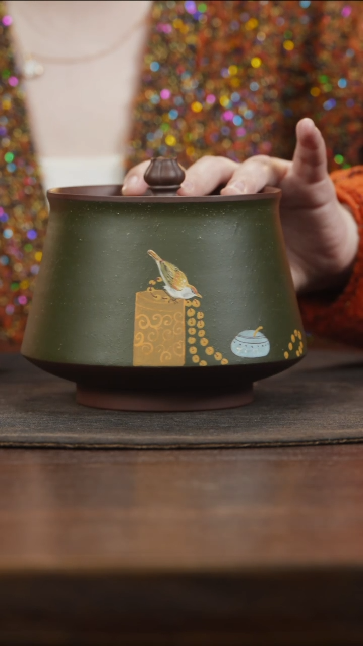 【闪购商品】紫砂茶叶罐莲花钮绿泥泥绘小鸟茶叶罐