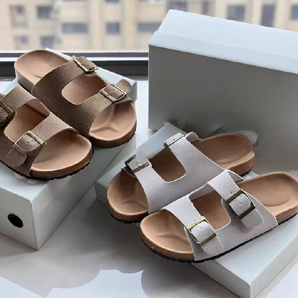 （LUOLUO专属）一字拖鞋女夏款法式复古软木厚底真皮