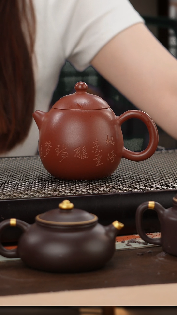 茶壶紫砂朱泥超精工刻绘龙蛋180cc
