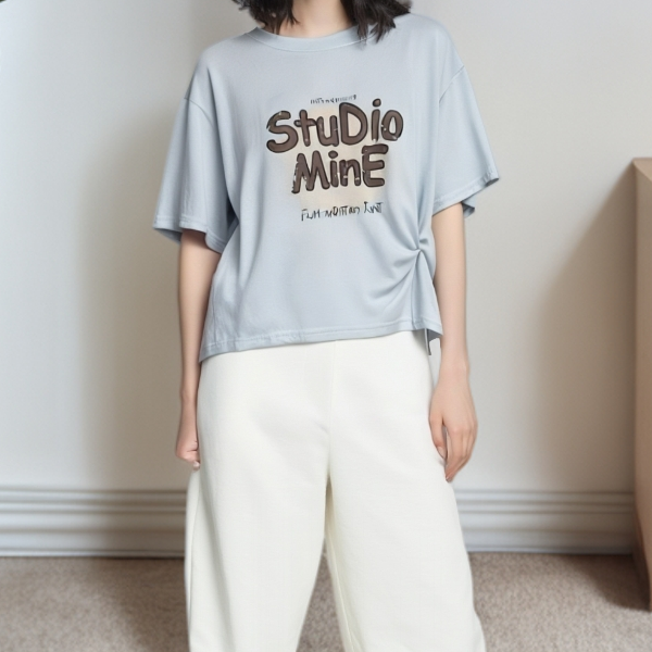 A2941浅兰ST英文印花不规则T恤