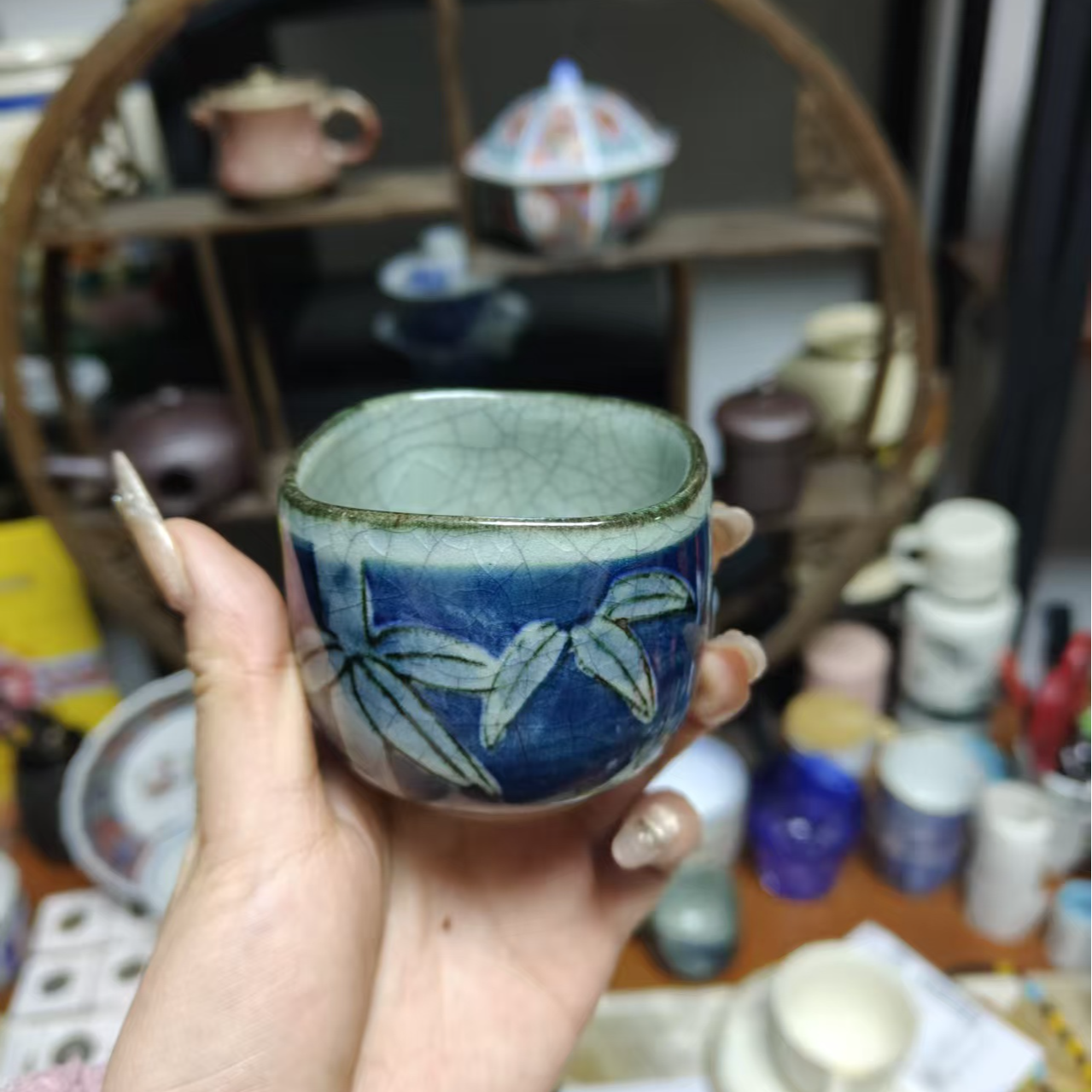 纯手绘蓝竹汝窑开片陶瓷茶杯高档家用功夫茶具品茗主人杯