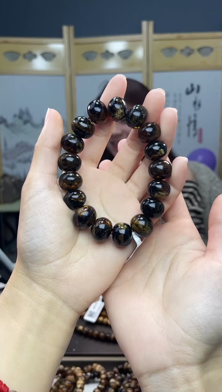 【闪购商品】琥珀裸石未镶嵌15+黑花手串